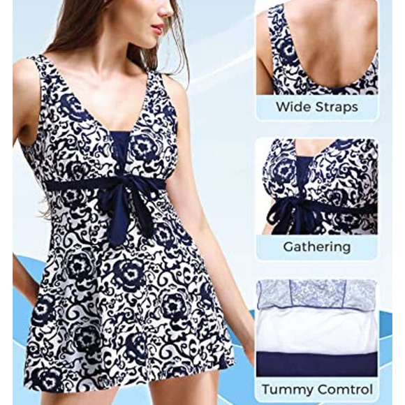 Blue White Pattern Modest One-piece Bathing Suit Swimsuit Size 8 - Picture 2 of 8